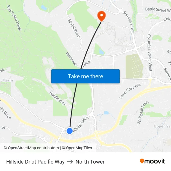 Hillside Dr at Pacific Way to North Tower map
