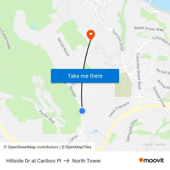 Hillside Dr at Cariboo Pl to North Tower map