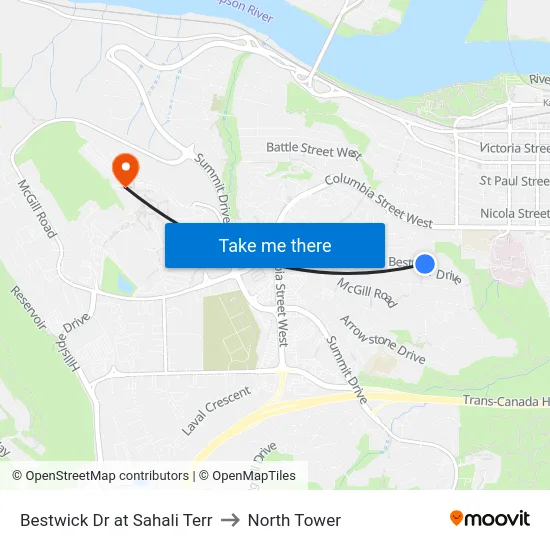 Bestwick Dr at Sahali Terr to North Tower map