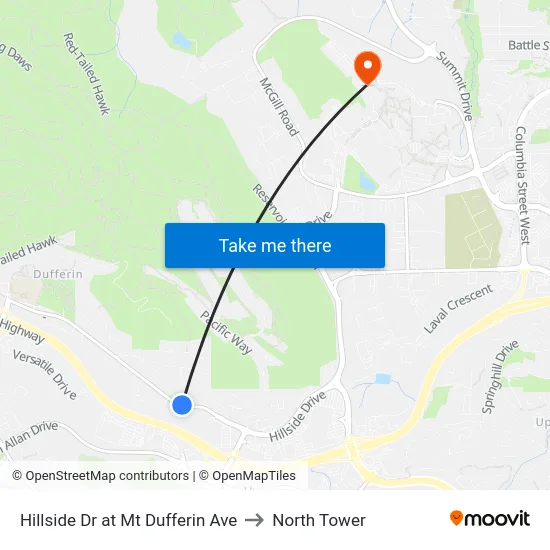 Hillside Dr at Mt Dufferin Ave to North Tower map