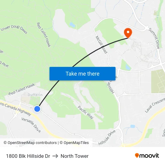 1800 Blk Hillside Dr to North Tower map