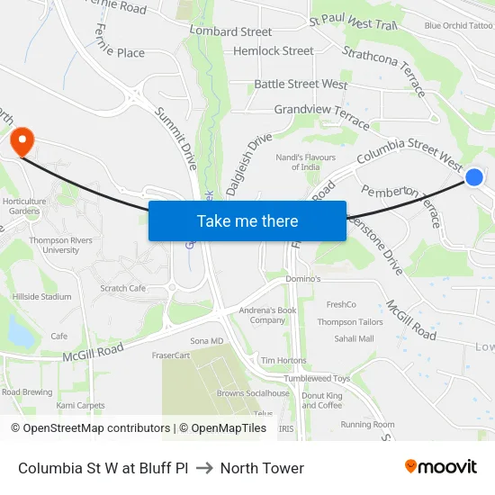 Columbia St W at Bluff Pl to North Tower map
