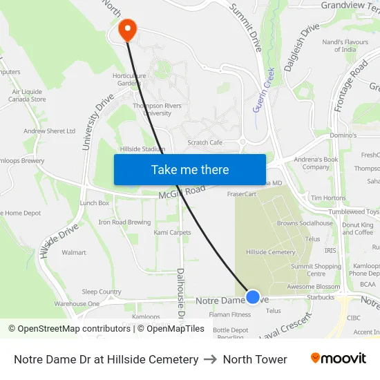 Notre Dame Dr at Hillside Cemetery to North Tower map