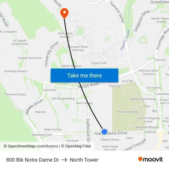 800 Blk Notre Dame Dr to North Tower map
