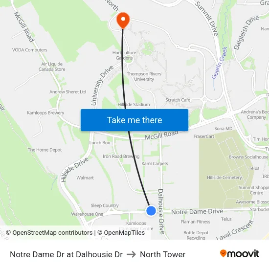 Notre Dame Dr at Dalhousie Dr to North Tower map