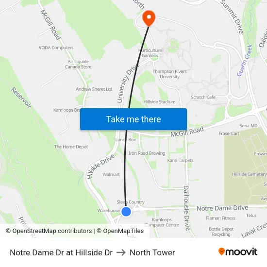 Notre Dame Dr at Hillside Dr to North Tower map