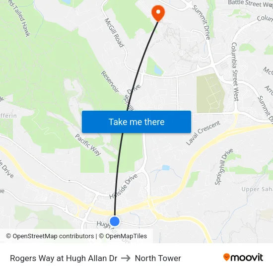 Rogers Way at Hugh Allan Dr to North Tower map