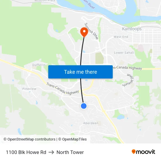 1100 Blk Howe Rd to North Tower map
