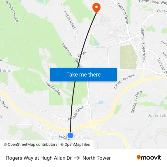 Rogers Way at Hugh Allan Dr to North Tower map