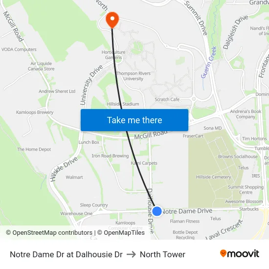 Notre Dame Dr at Dalhousie Dr to North Tower map