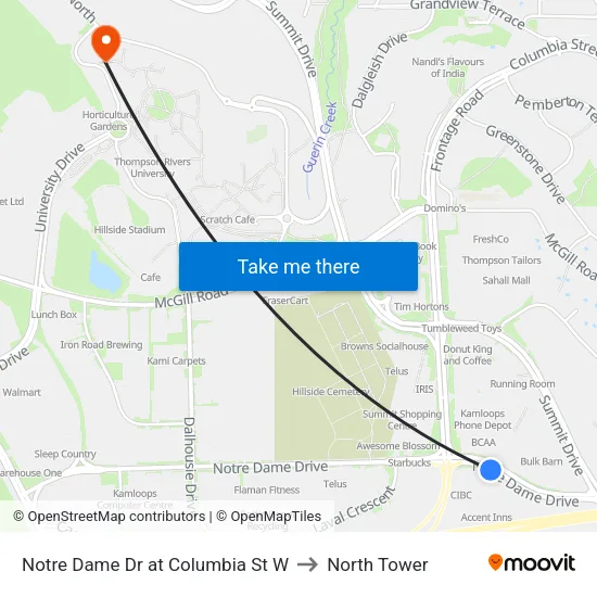 Notre Dame Dr at Columbia St W to North Tower map