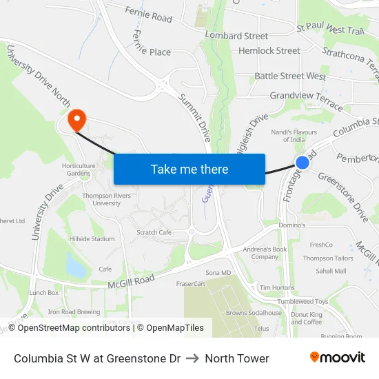 Columbia St W at Greenstone Dr to North Tower map