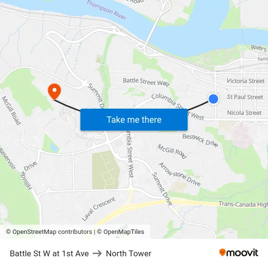 Battle St W at 1st Ave to North Tower map