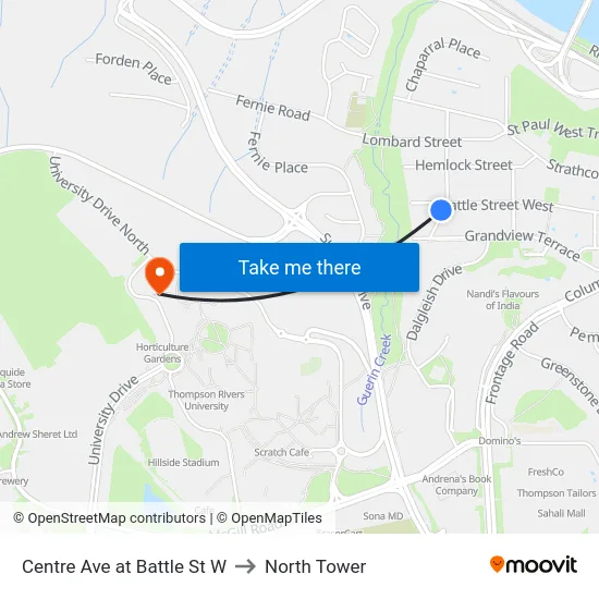 Centre Ave at Battle St W to North Tower map