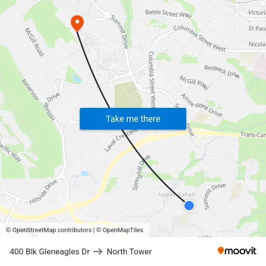 400 Blk Gleneagles Dr to North Tower map