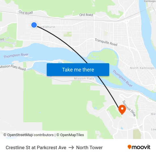 Crestline St at Parkcrest Ave to North Tower map