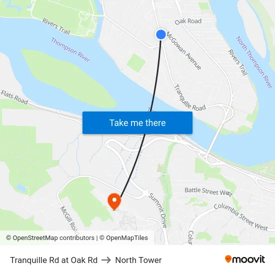 Tranquille Rd at Oak Rd to North Tower map