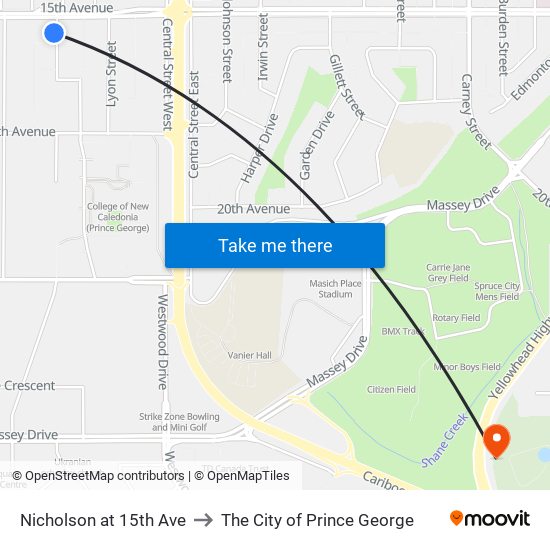 Nicholson at 15th Ave to The City of Prince George map