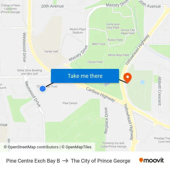 Pine Centre Exch Bay B to The City of Prince George map