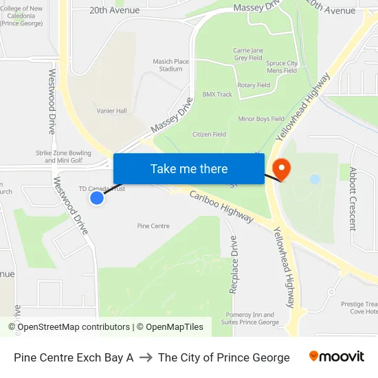 Pine Centre Exch Bay A to The City of Prince George map