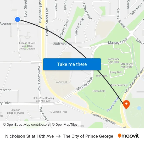 Nicholson St at 18th Ave to The City of Prince George map
