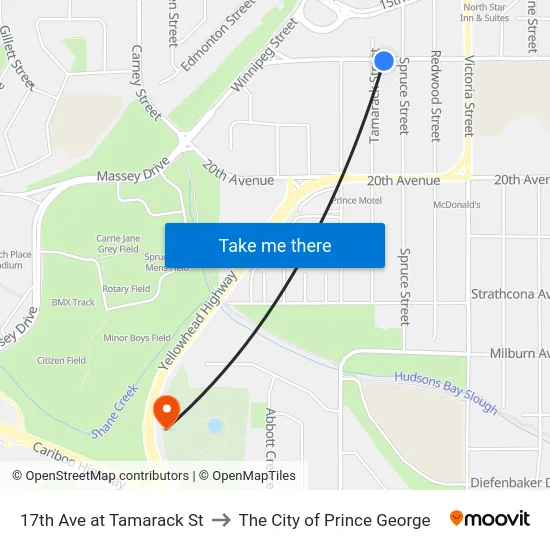 17th Ave at Tamarack St to The City of Prince George map