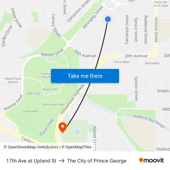 17th Ave at Upland St to The City of Prince George map