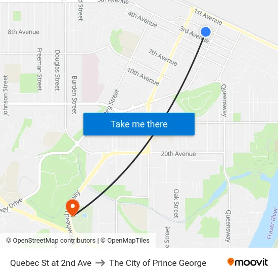 Quebec St at 2nd Ave to The City of Prince George map