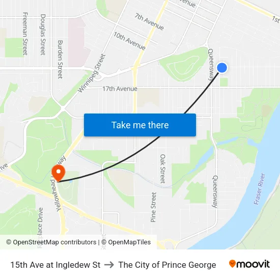 15th Ave at Ingledew St to The City of Prince George map