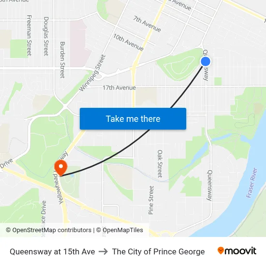 Queensway at 15th Ave to The City of Prince George map