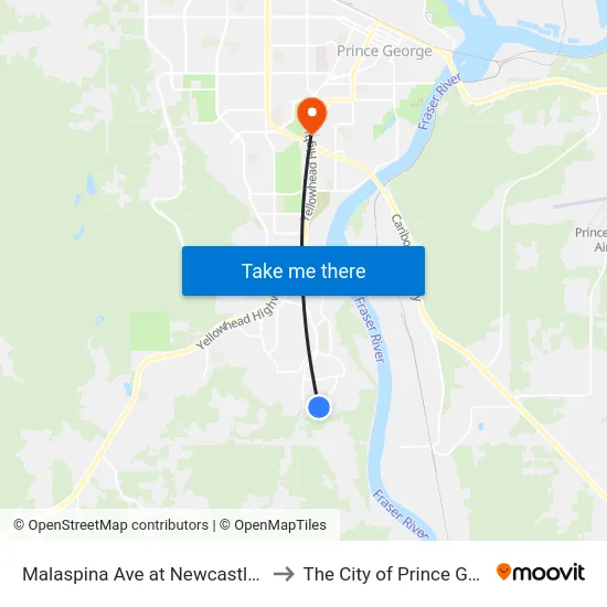Malaspina Ave at Newcastle Cres to The City of Prince George map