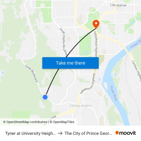Tyner at University Heights to The City of Prince George map
