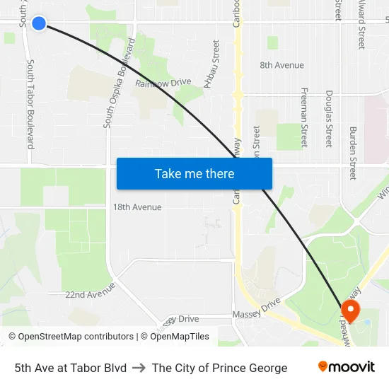5th Ave at Tabor Blvd to The City of Prince George map