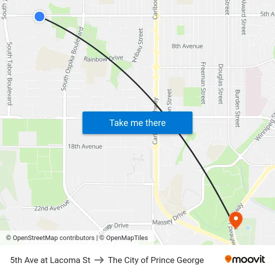 5th Ave at Lacoma St to The City of Prince George map