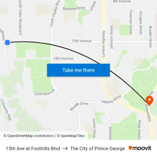 15th Ave at Foothills Blvd to The City of Prince George map