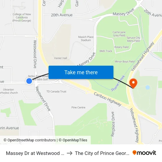 Massey Dr at Westwood Dr to The City of Prince George map