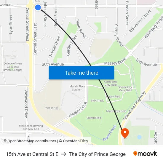 15th Ave at Central St E to The City of Prince George map