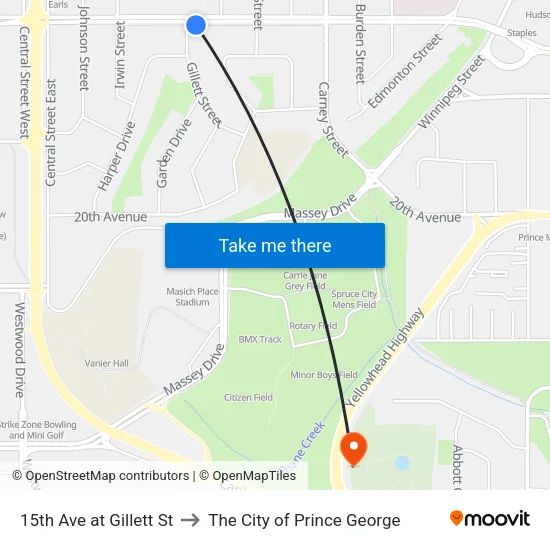 15th Ave at Gillett St to The City of Prince George map