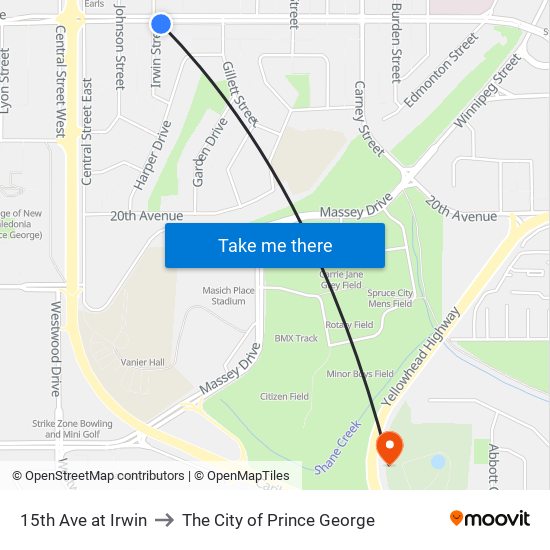 15th Ave at Irwin to The City of Prince George map