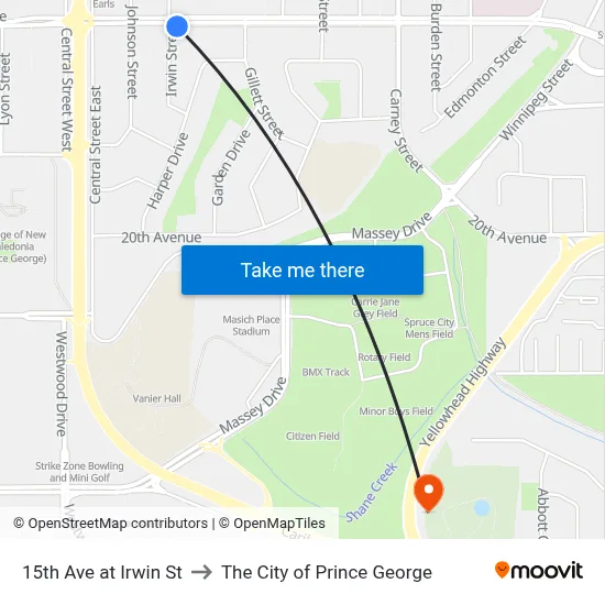 15th Ave at Irwin St to The City of Prince George map