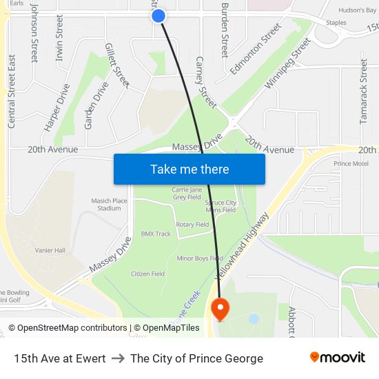 15th Ave at Ewert to The City of Prince George map