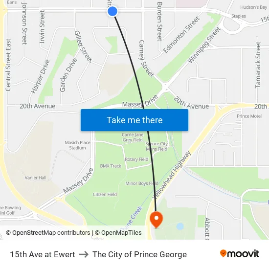 15th Ave at Ewert St to The City of Prince George map