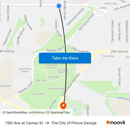 15th Ave at Carney St to The City of Prince George map