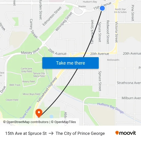 15th Ave at Spruce St to The City of Prince George map