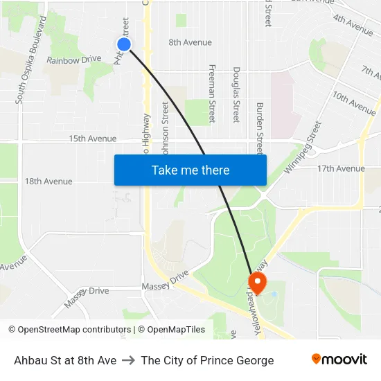 Ahbau St at 8th Ave to The City of Prince George map