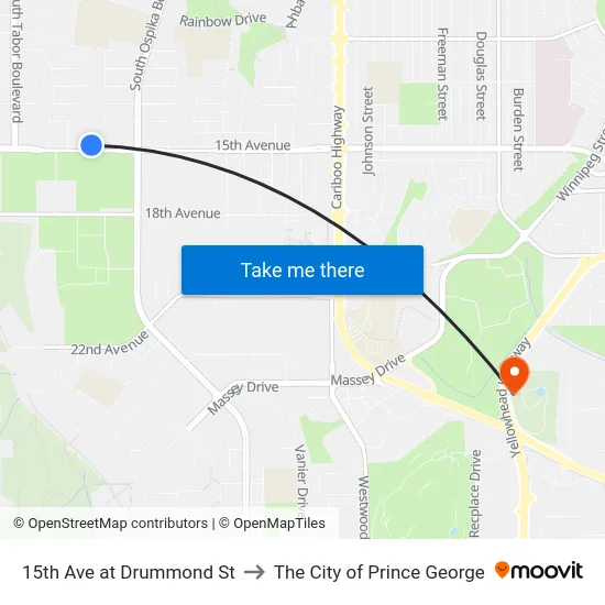 15th Ave at Drummond St to The City of Prince George map
