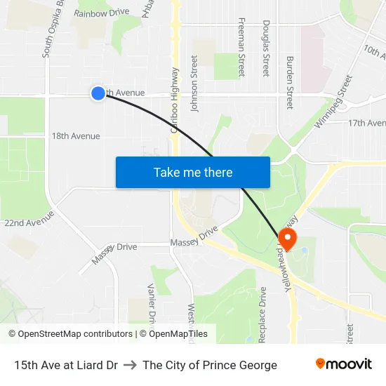 15th Ave at Liard Dr to The City of Prince George map