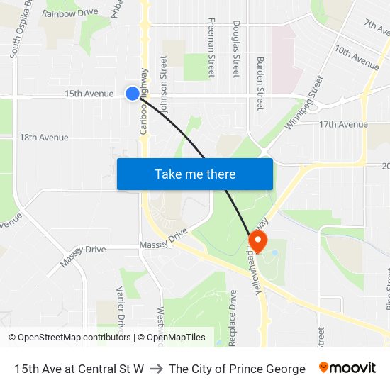 15th Ave at Central St W to The City of Prince George map
