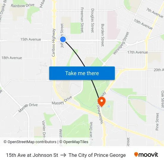 15th Ave at Johnson St to The City of Prince George map