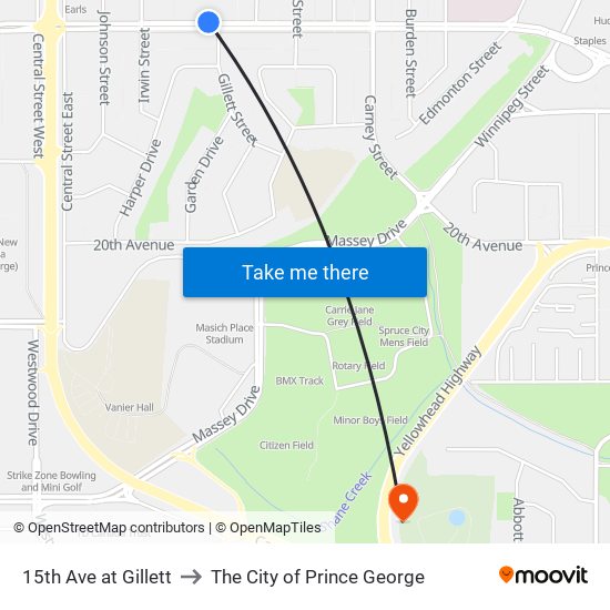 15th Ave at Gillett to The City of Prince George map